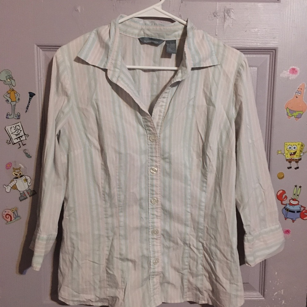 Hillard & Hanson Women’s Striped Button-Up Shirt - White with blue and yellow